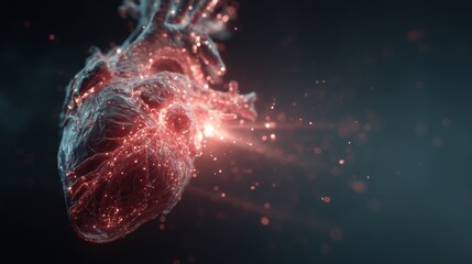 Glowing red digital heart with sparkling energy on dark background
