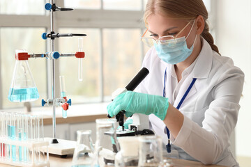 Female scientist with medical mask and microscope working in laboratory