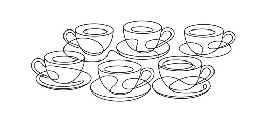 Five Line Art Coffee Cups with Saucers