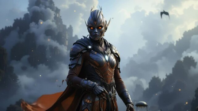 Fierce dark armored warrior with glowing eyes in fantasy landscape under dramatic cloudy sky, intense powerful presence with flying creature and epic fantasy armor cape