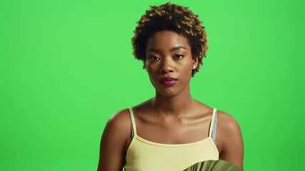 High-Quality Green Screen Footage Video  Woman with Fan,  Tropical Theme,  Chroma Key Ready for Editing