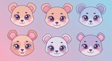 Obraz premium Adorable Kawaii Animal Faces Six Cute Cartoon Mouse and Bear Illustrations