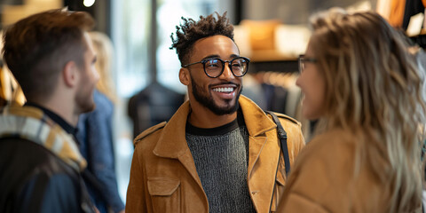 Three young adults, two men and a woman, are happily chatting in a clothing store.