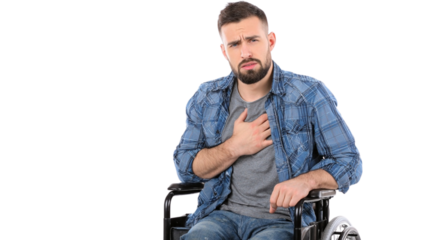 Man in wheelchair holding his chest isolated on transparent or white background, png