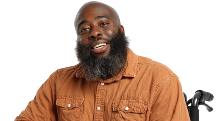 Bald man with beard in wheelchair isolated on transparent or white background, png