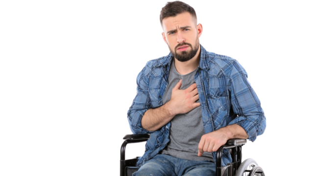 Man in wheelchair holding his chest isolated on transparent or white background, png - Powered by Adobe