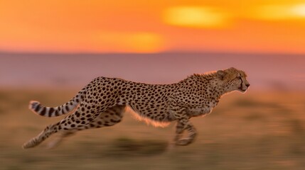 A cheetah running at sunrise.