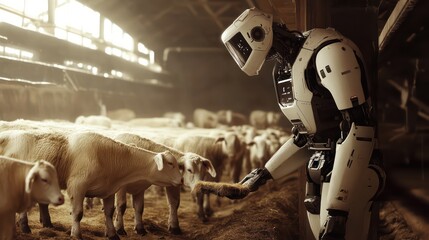 Futuristic Farmhand: Robot Feeds Cattle in Sunlit Barn, a Vision of Automated Agriculture