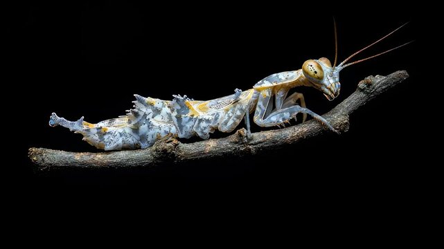 A Striking Orchid Mantis Perched on a Branch Against a Minimalistic Black Backdrop