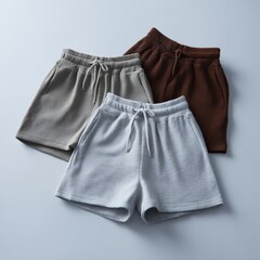 Casual gray, beige, and brown knit shorts on light background