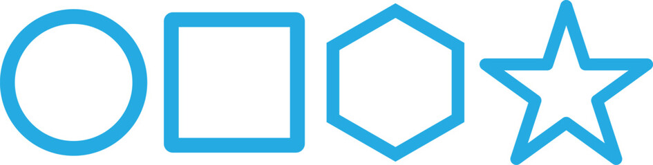Vector illustration of blue geometric outline shapes including circle, square, pentagon, and star. Ideal for educational materials, design elements, infographics, and modern graphic compositions.