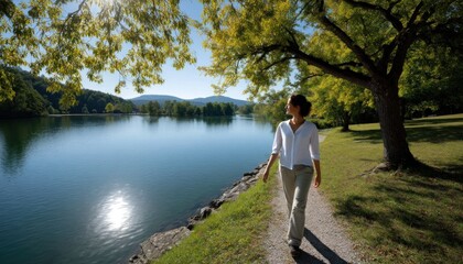 Fototapeta premium Woman walking by the lake enjoying sunny day