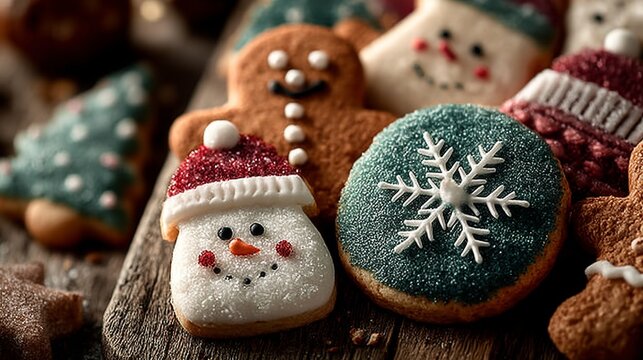 Festive christmas cookies with frosted snowman and gingerbread decorations