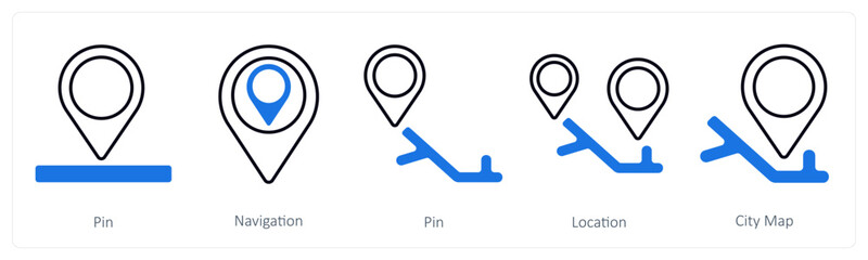 A set of 5 mix icons as pin, navigation, location