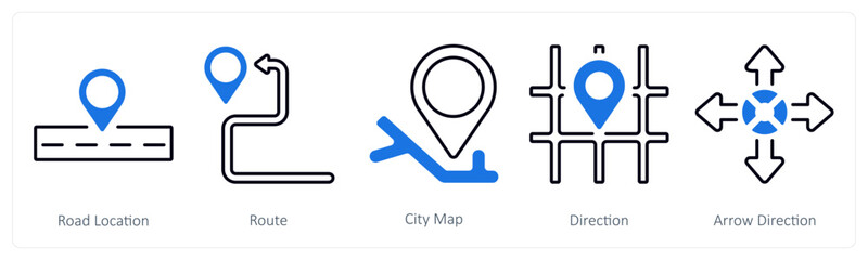 A set of 5 mix icons as road location, route, city map