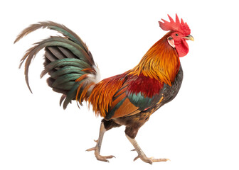 colorful-free-range-male-rooster isolated on white background png, ai generated