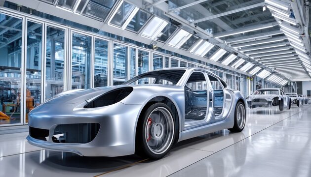Silver car body being assembled on modern production line