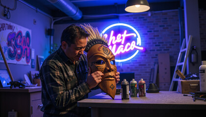 Man painting tribal mask in workshop with neon lights in background  