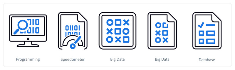 A set of 5 mix icons as programming, speedometer, big data
