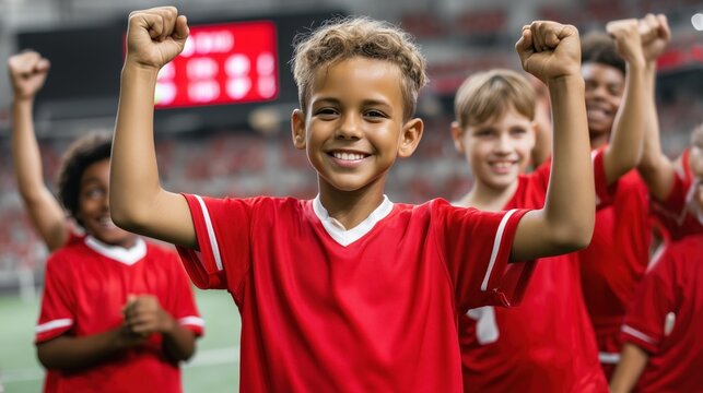 Young soccer players celebrating victory in stadium