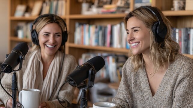 Two young caucasian adult females podcasting with headphones and microphones in cozy library
