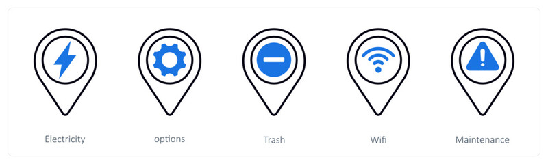 A set of 5 mix icons as electricity, options, trash