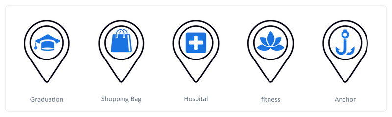 Obraz premium A set of 5 mix icons as graduation, shopping bag, hospital