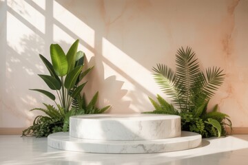 White Stairs Podium Display in Clean Botanical Decor