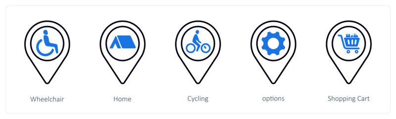 A set of 5 mix icons as wheel chair, home, cycling
