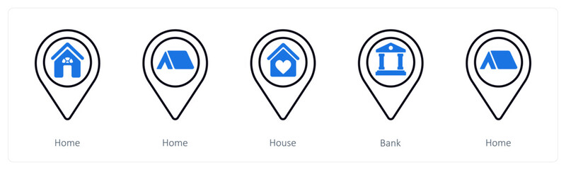 A set of 5 mix icons as home, house, bank