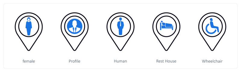 A set of 5 mix icons as female, profile, human