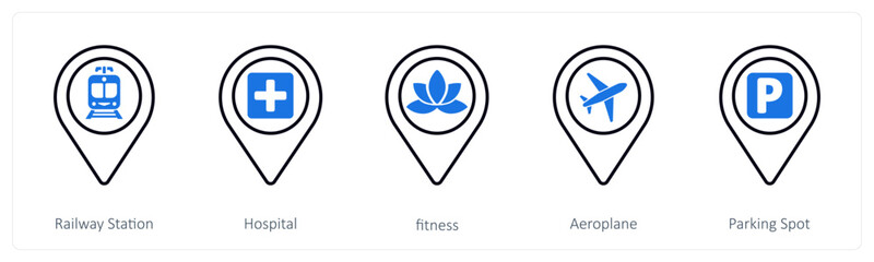 A set of 5 mix icons as railway station, hospital, fitness