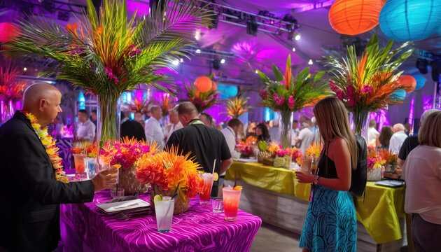 Fototapeta Guests enjoying refreshments at vibrant hawaiian themed corporate event