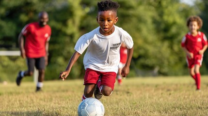Young soccer player dribbling ball during training on field