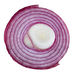 A cross-section of a red onion showcasing its layered structure and vibrant colors.