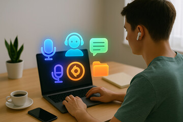 Teenage boy at desk using digital learning app with floating colorful icons for communication tools