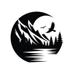 nature scenes vector silhouette clip art logo design illustration. river, tree, mountain abstract collections.