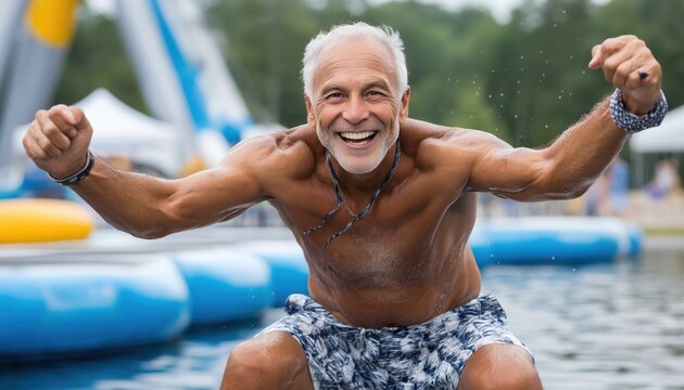 Senior man celebrating success in water park