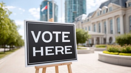 Vote here sign on city street with tall buildings in background