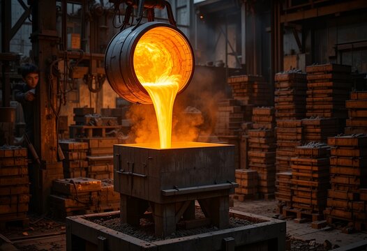 Industrial metal foundry worker pouring molten metal into mold during manufacturing process in factory - Powered by Adobe