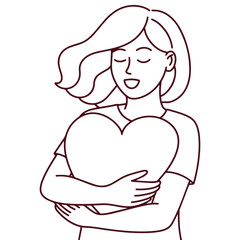 Minimal line art of woman with closed eyes hugging heart, peaceful emotional expression in clean black and white style