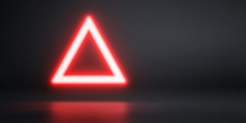 Glowing red neon triangle on dark background with reflective surface
