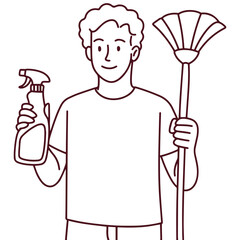 Young man holding spray bottle and duster stands confidently, ready to clean house. Male character symbolizes cleanliness, home care, routine tasks, and domestic responsibility