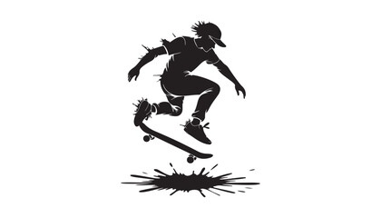 A silhouette of skater jumping in mid air with ink splash On white background