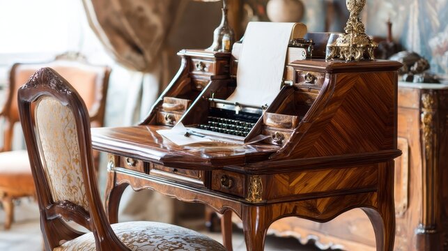 Ornate wooden writing desk and chair in a classic interior.
