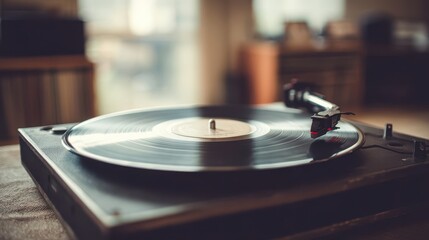 Close-up view of a vintage turntable playing a record.