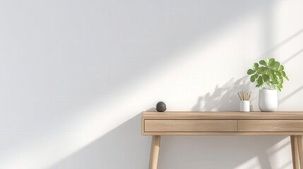 Fototapeta premium Light-filled room with a wooden desk and greenery.