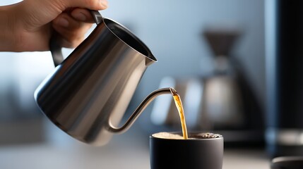Coffee Being Poured From Gooseneck Kettle Into Mug