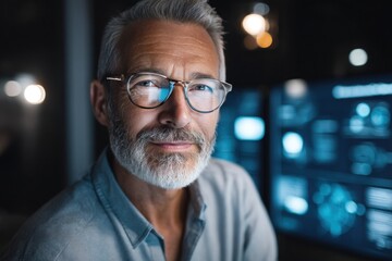 Senior it specialist working late at night analyzing graphs on computer screens