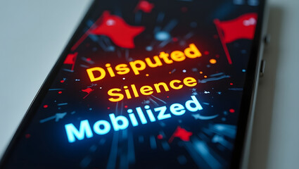 Close-up view of modern smartphone screen displaying bold animated words "Disputed", "Silence", and "Mobilized" in glowing text over dark background with digital red flags and abstract shapes

